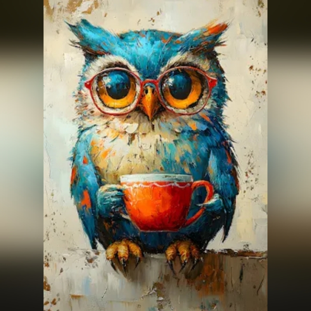 Charming Blue Owl Art Print with Orange Mug